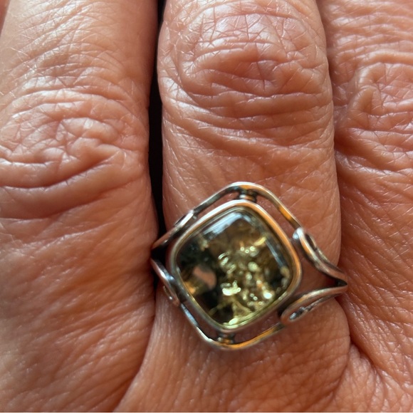 Jewelry - 925 Sterling Silver Amber Ring - adjustable, NEW